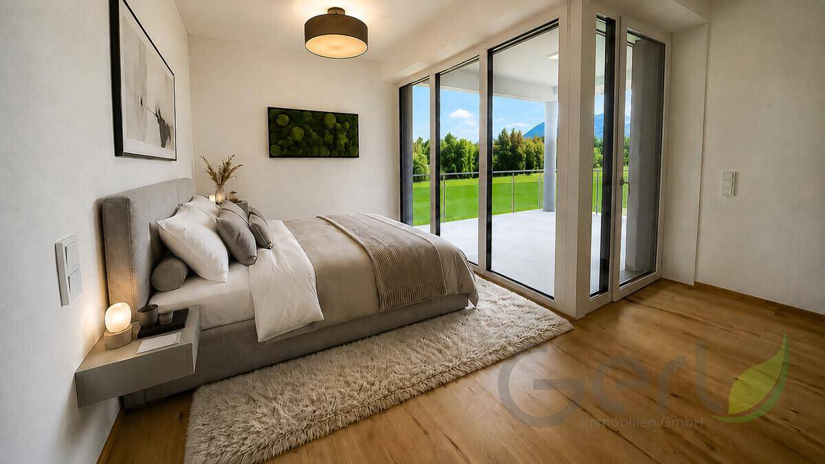 Gemütliches Schlafzimmer mit modernem Bett und großen Glasschiebetüren zum Außenbereich.