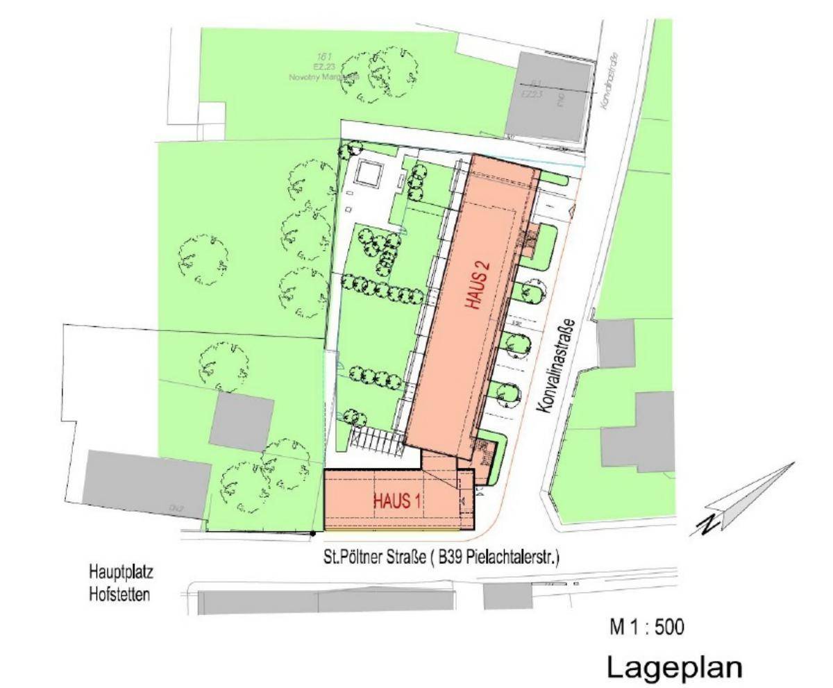 Lageplan der Wohnanlage mit zwei Gebäuden, Straßen und umliegenden Grünflächen.