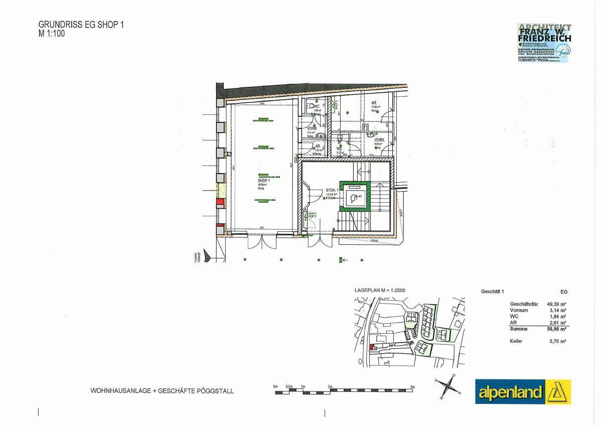 Grundriss des Erdgeschosses für Shop 1 mit Eingangsbereich und angrenzendem Lageplan.