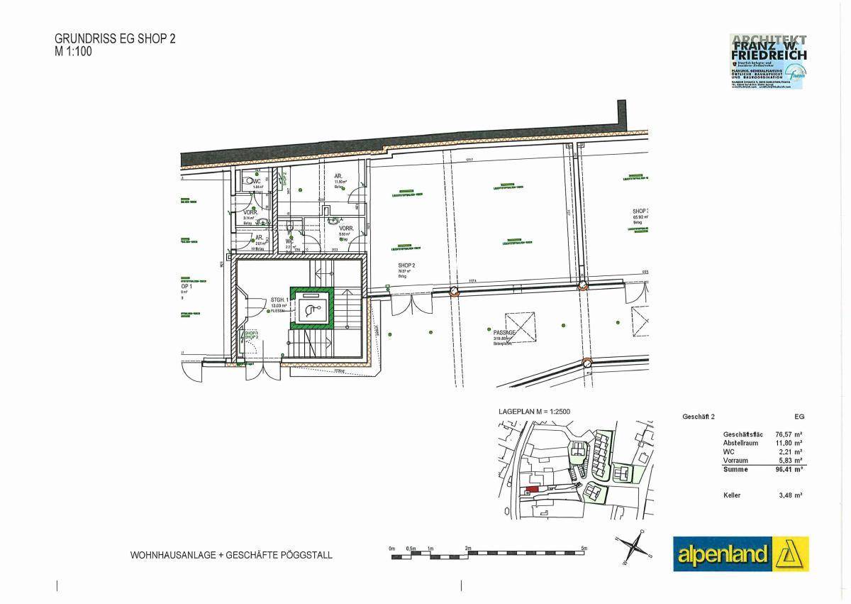 Grundriss des Erdgeschosses für Shop 2 mit Flächenangaben und einem kleinen Lageplan.