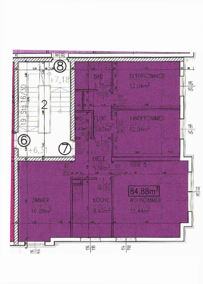 Farbiger Grundriss einer Wohnung mit Wohnzimmer, Küche, Schlafzimmer und Kinderzimmer.