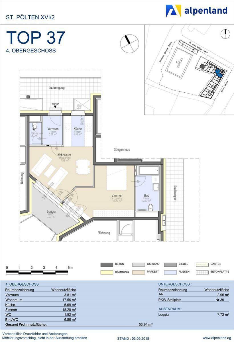 Grundriss der Wohnung Top 37 im 4. Obergeschoss mit Loggia und offenem Wohnbereich.