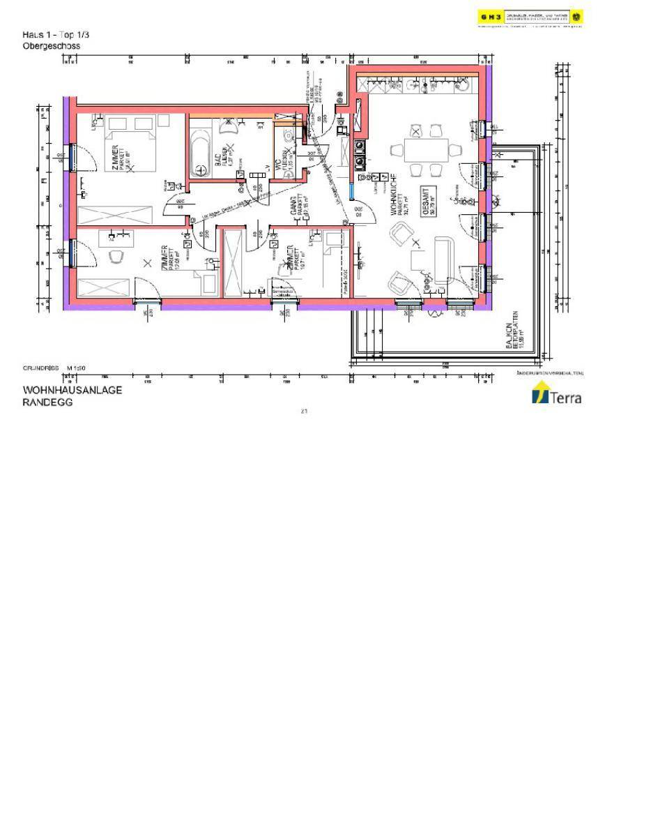 Grundriss des Obergeschosses mit offenem Wohnbereich, zwei Schlafzimmern und einem Balkon.