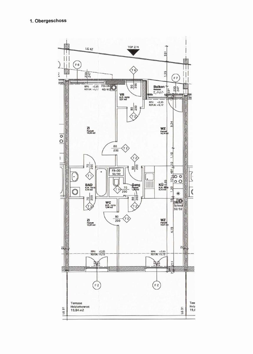Grundriss einer Wohnung im Obergeschoss mit Wohnzimmer, Schlafzimmern und Balkon.