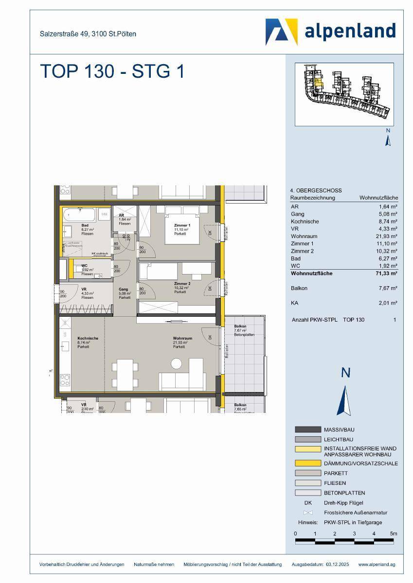 Detaillierter Grundriss einer modernen Wohnung im 4. Obergeschoss mit offenem Wohnbereich, zwei Schlafzimmern und zwei Balkonen.