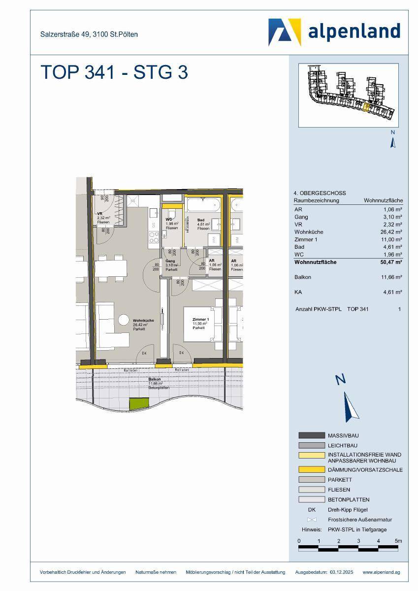 Grundriss einer Wohnung im 4. Obergeschoss mit offenem Wohnbereich, einem Schlafzimmer und Balkon.