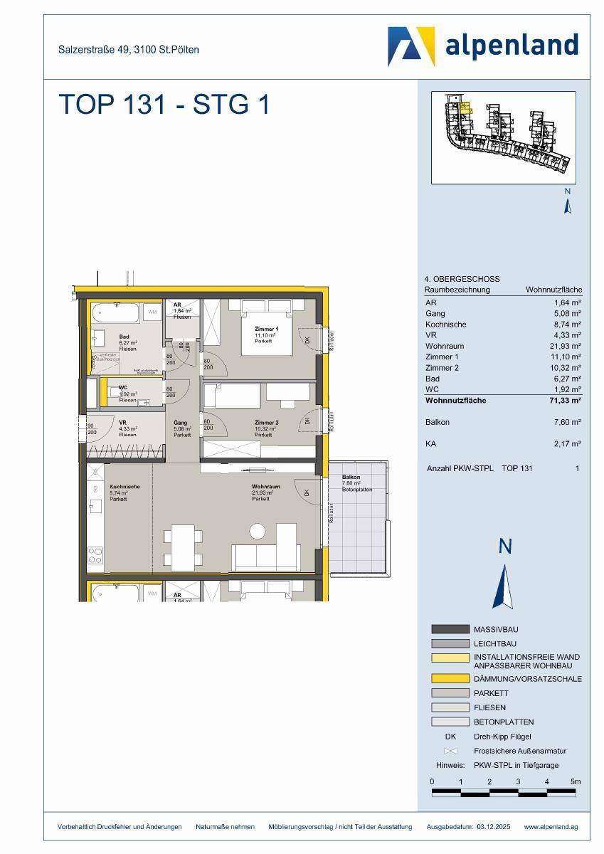 Detaillierter Grundriss der Wohnung TOP 131 mit Balkon und Raumaufteilung.