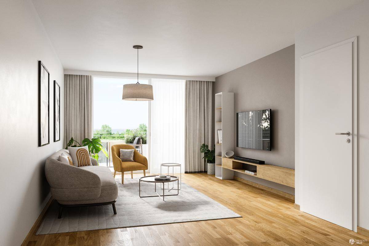 Gemütliches Wohnzimmer mit beigem Sofa, Sessel und großem Fenster für viel Tageslicht.