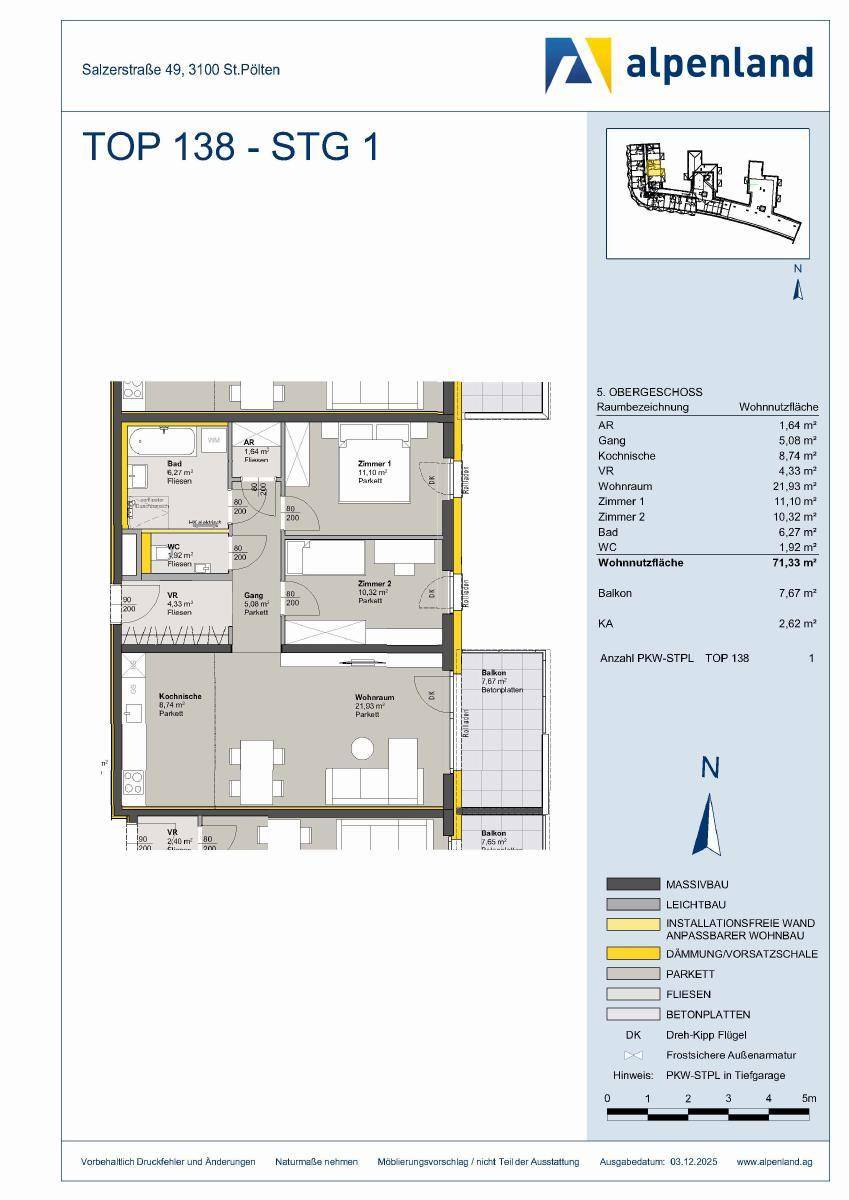 Detaillierter Grundriss der Wohnung TOP 138 mit Raumaufteilung und Balkonen.