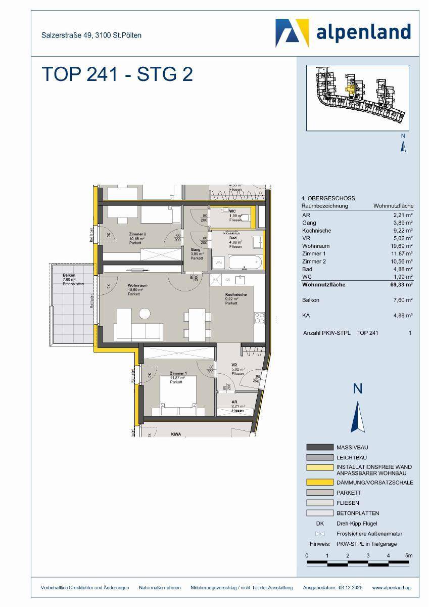 Detaillierter Grundriss der Einheit TOP 241 mit Raumaufteilung und Flächenangaben.