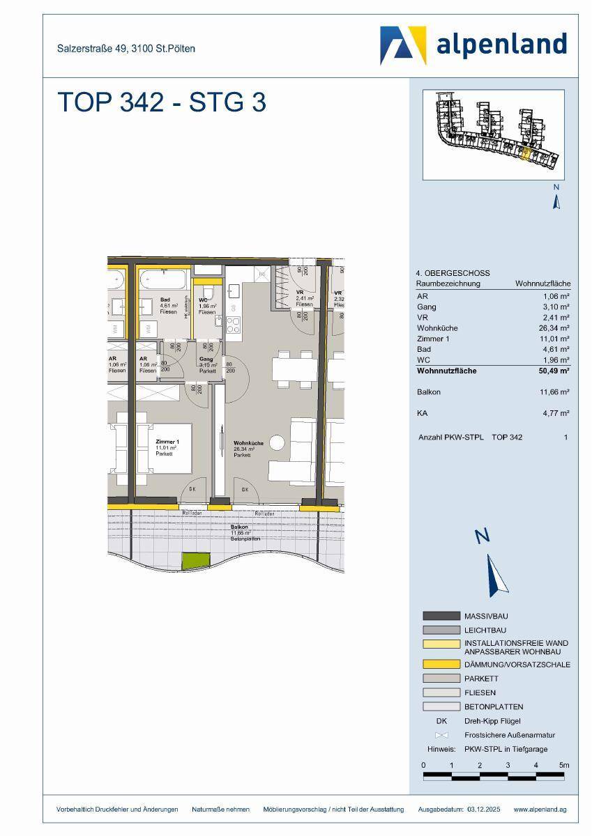 Detaillierter Grundriss einer Wohnung mit Balkon, Bad und separatem WC.