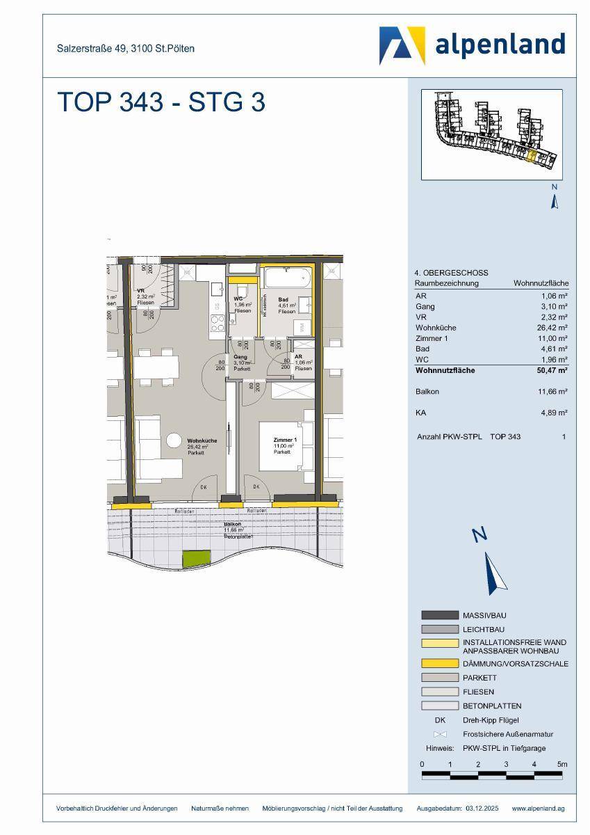 Detaillierter Grundriss der Wohnung TOP 343 mit Raumaufteilung und Balkon.