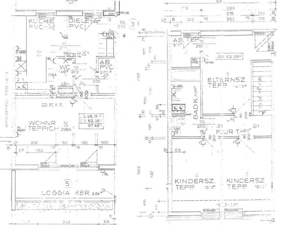 Detaillierter Grundriss einer Wohnung mit Wohnzimmer, Küche, Bad, separatem WC und Schlafzimmern.