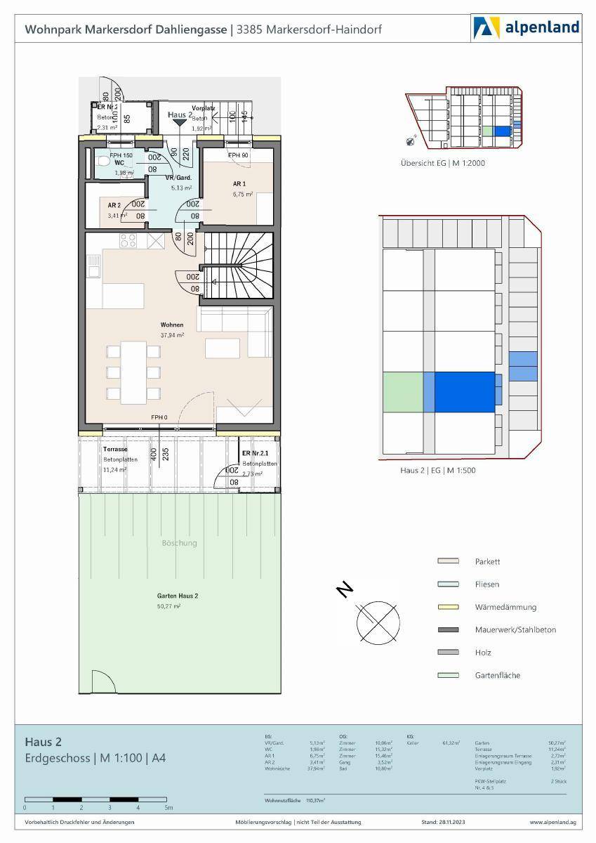 Grundriss des Erdgeschosses von Haus 2 mit Wohnbereich, Küche und Gartenzugang.