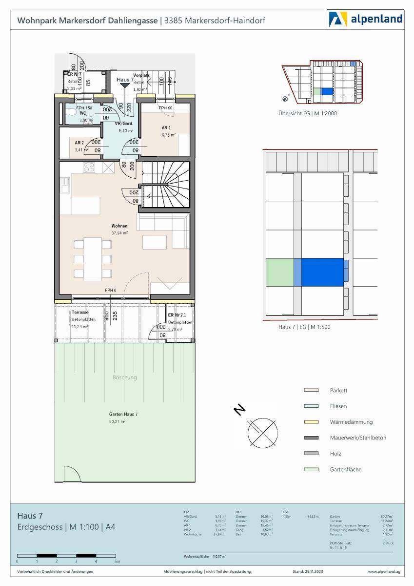 Grundriss des Erdgeschosses von Haus 7 mit Wohnbereich, Terrasse und Garten.