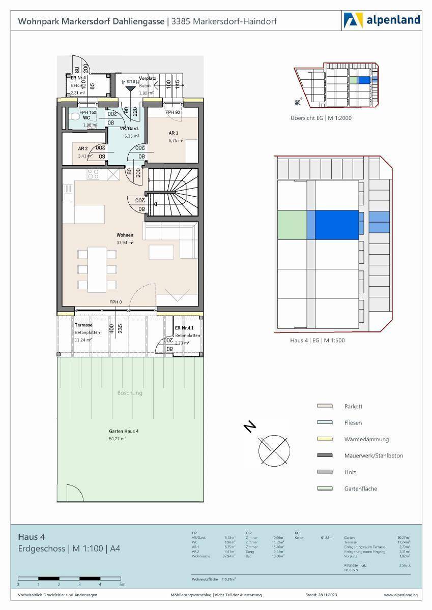 Grundriss des Erdgeschosses von Haus 4 mit offenem Wohnbereich, Terrasse und Garten.