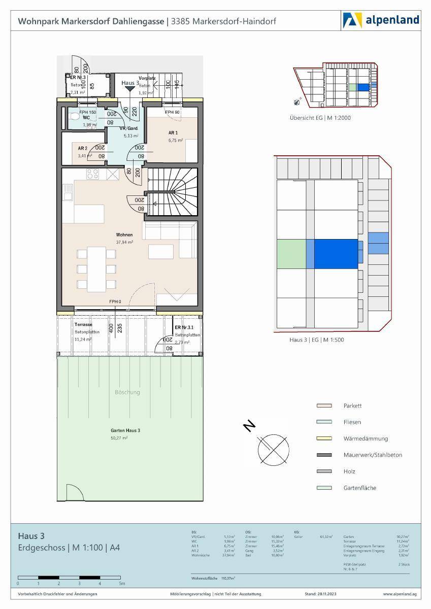 Grundriss des Erdgeschosses von Haus 3 mit Wohnbereich, Terrasse und Garten.