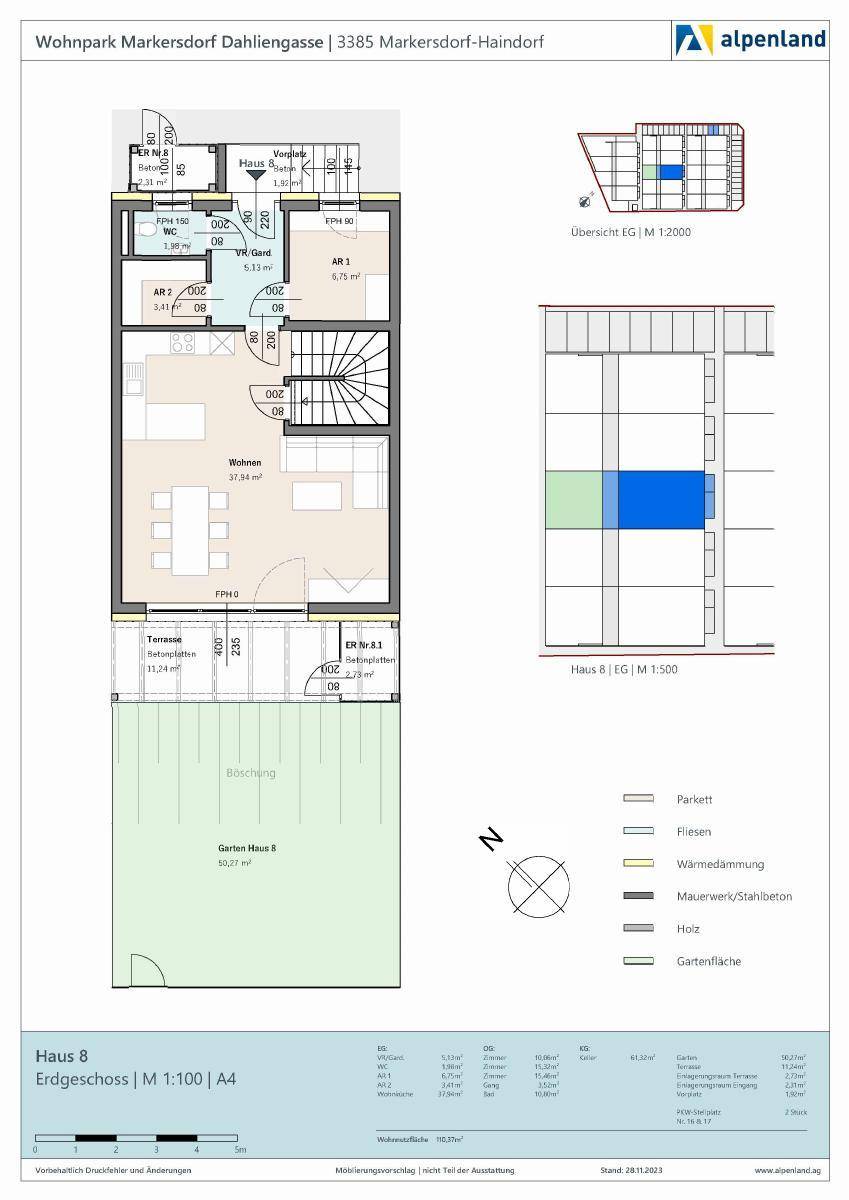 Grundriss des Erdgeschosses von Haus 8 mit offenem Wohnbereich, Terrasse und Garten.