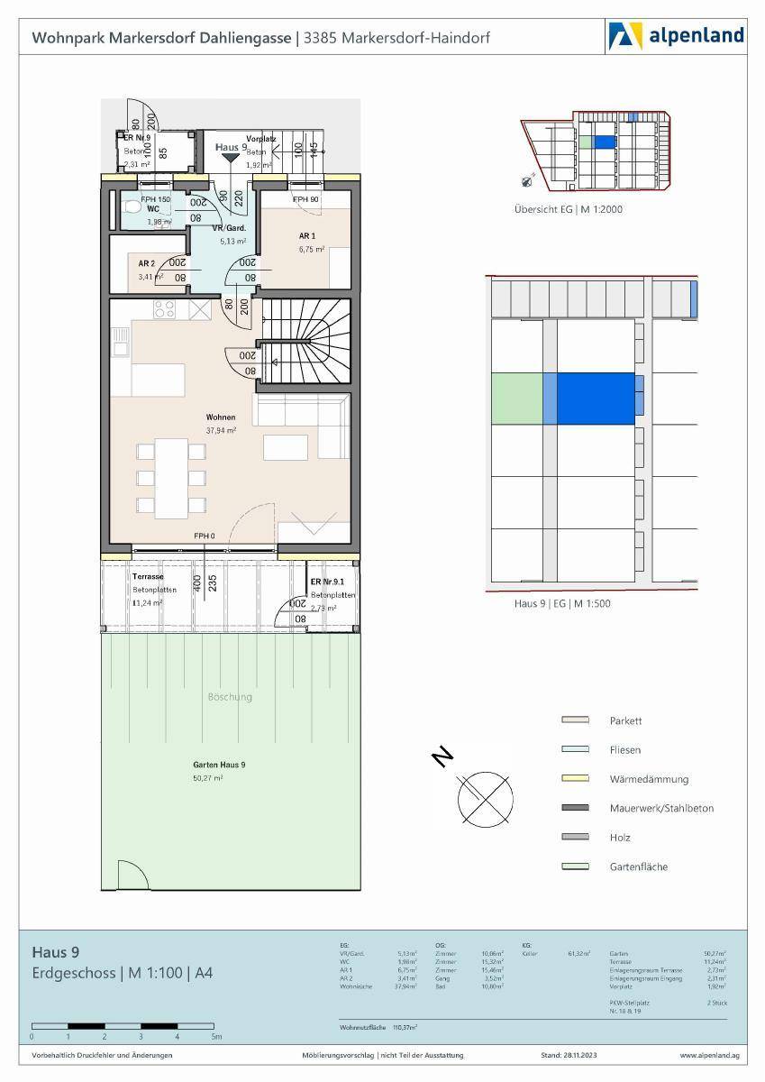 Grundriss des Erdgeschosses von Haus 9 mit offenem Wohnbereich, Terrasse und Garten.