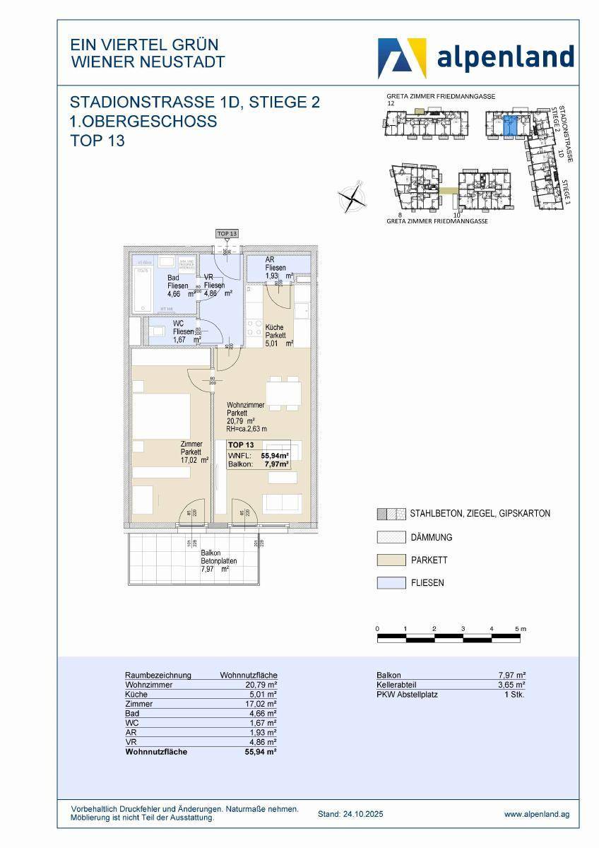 Grundriss einer Wohnung im Obergeschoss mit Balkon, Wohnzimmer und separatem WC.