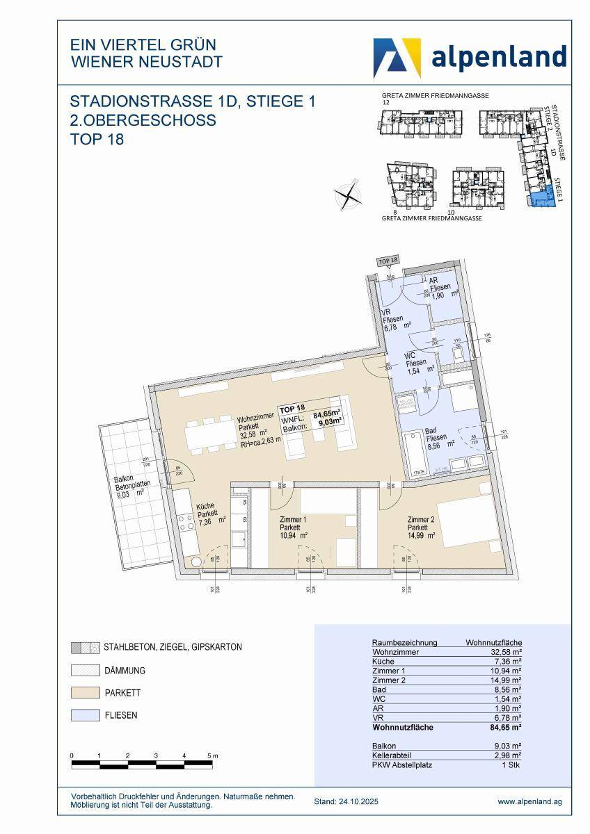 Detaillierter Grundriss einer Wohnung mit Balkon, zwei Schlafzimmern und offenem Wohnbereich.