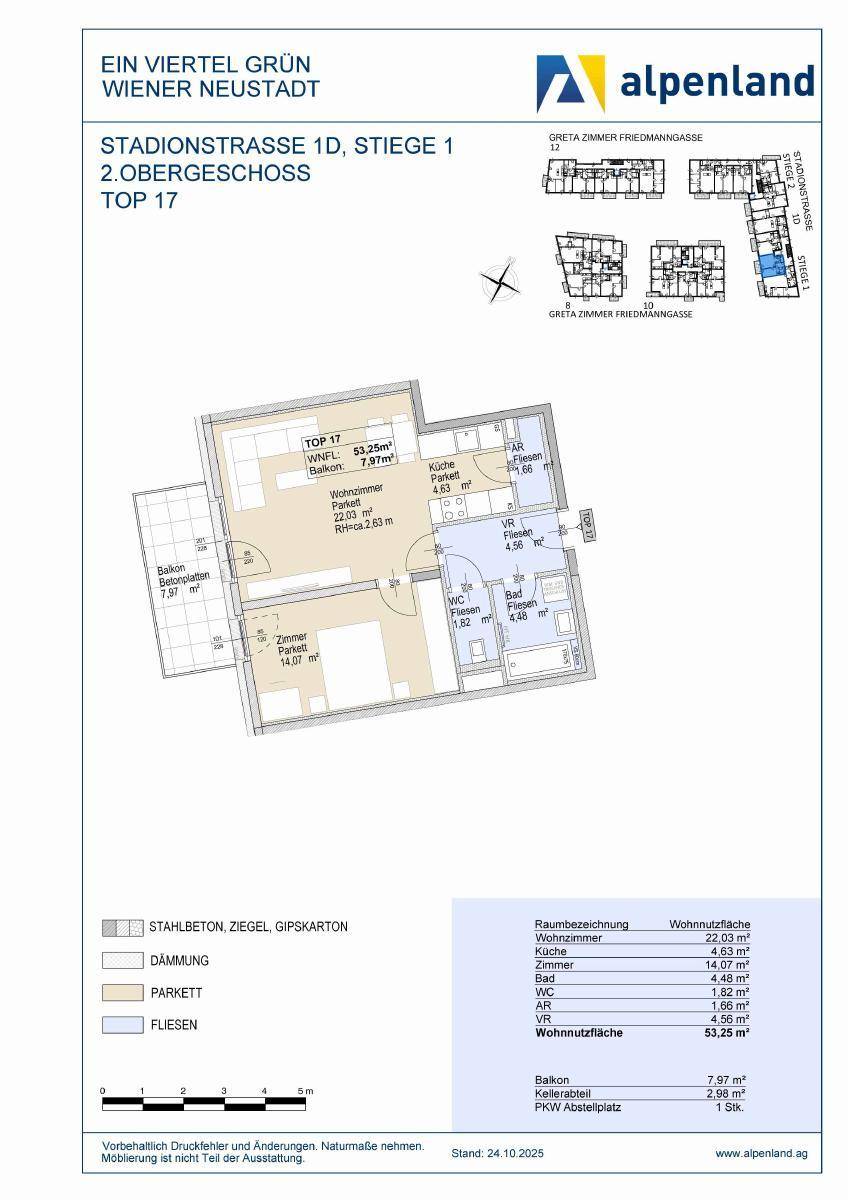 Grundriss der Wohnung Top 17 im 2. Obergeschoss mit Balkon und offener Wohnküche.