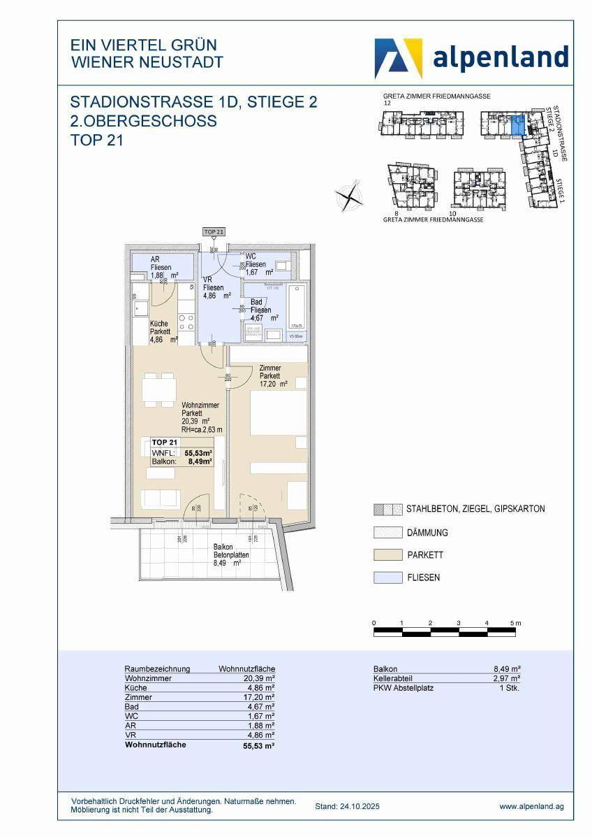 Detaillierter Grundriss der Wohnung TOP 21 mit Wohnzimmer, Schlafzimmer, Bad und Balkon.