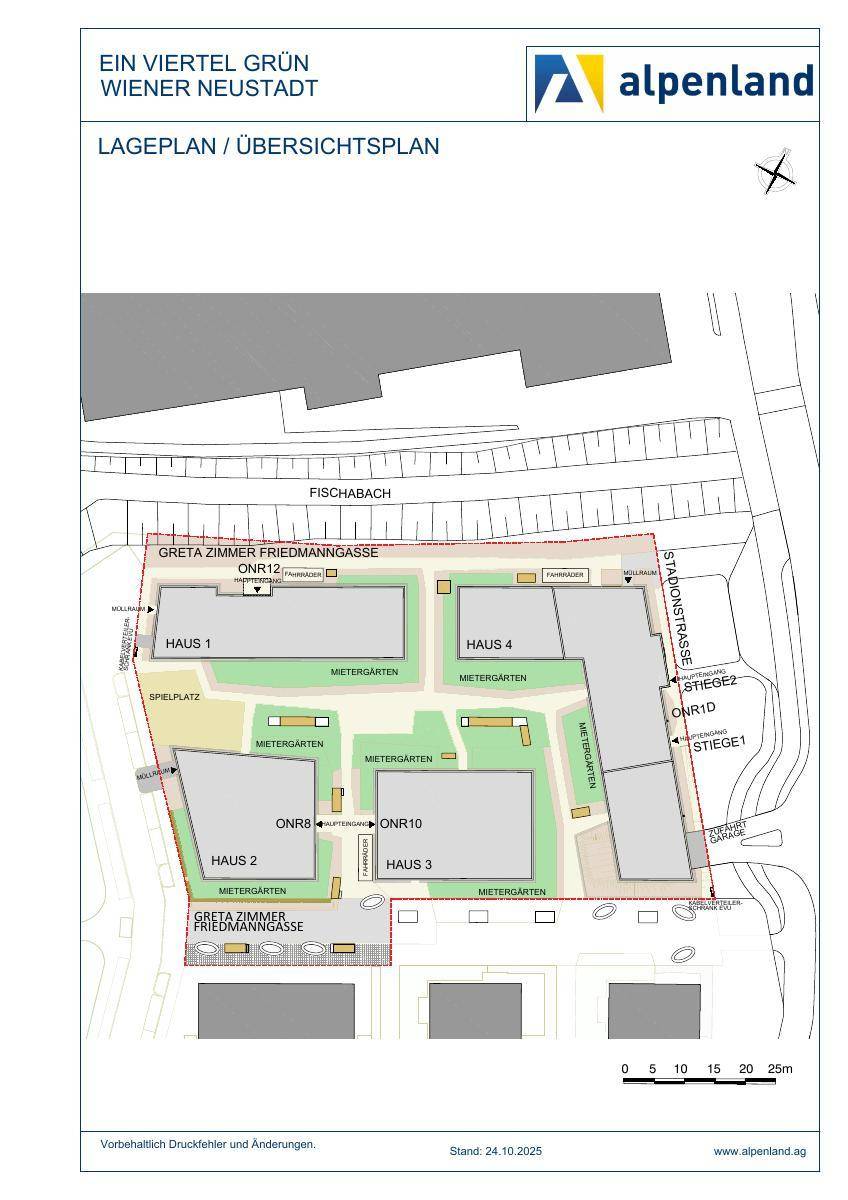 Übersichtsplan des Wohnkomplexes mit Gebäuden, Mietergärten und Spielplatz in der Umgebung.