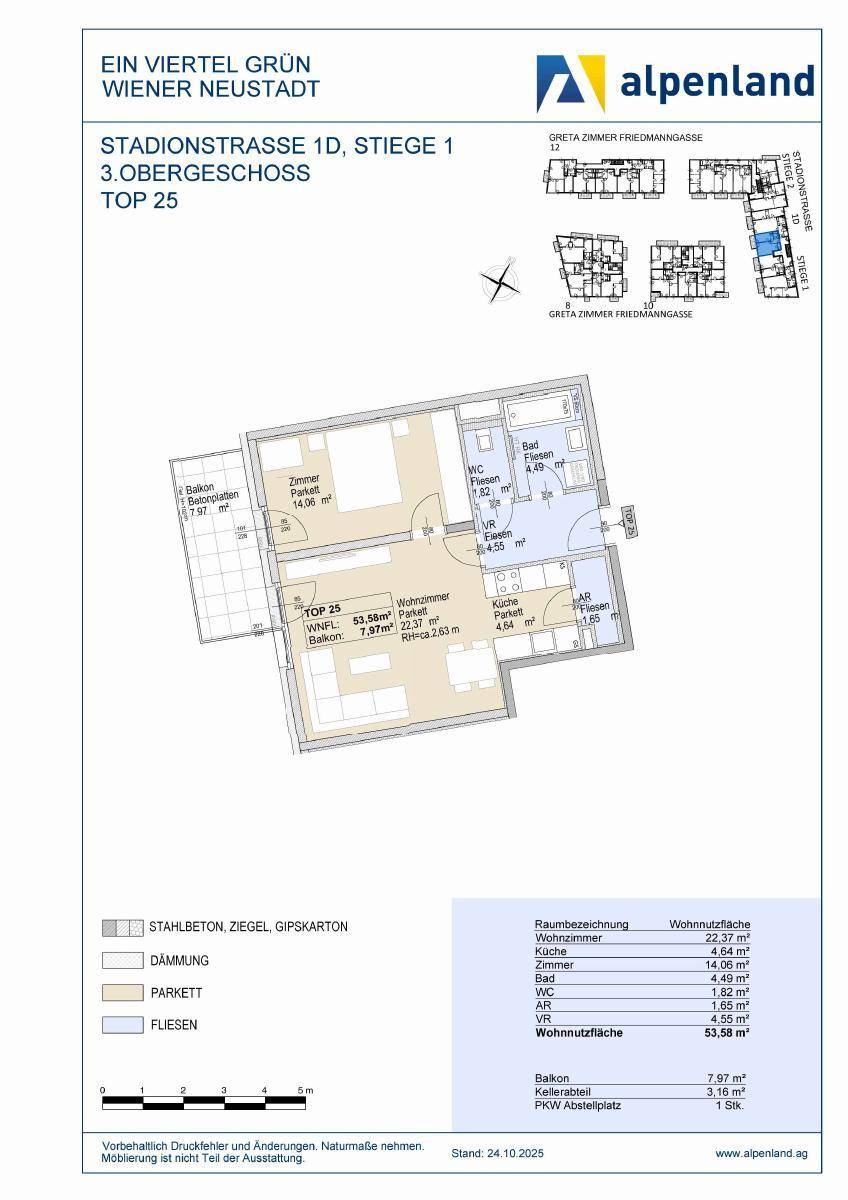 Grundriss der Wohnung TOP 25 mit Balkon, Wohnzimmer, Schlafzimmer und Bad.