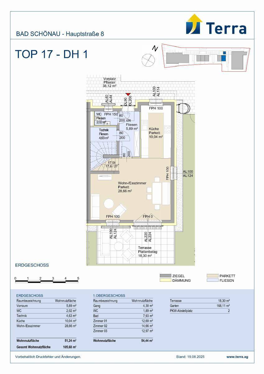 Detaillierter Grundriss von TOP 17 mit Wohn-Esszimmer, Küche und Terrassenzugang im Erdgeschoss.