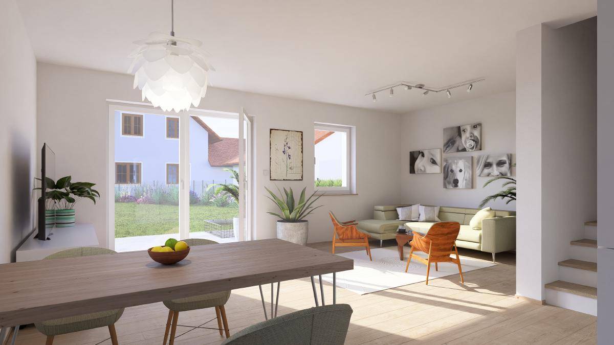 Heller Wohn- und Essbereich mit Holzboden, Zugang zum Garten und moderner Einrichtung.