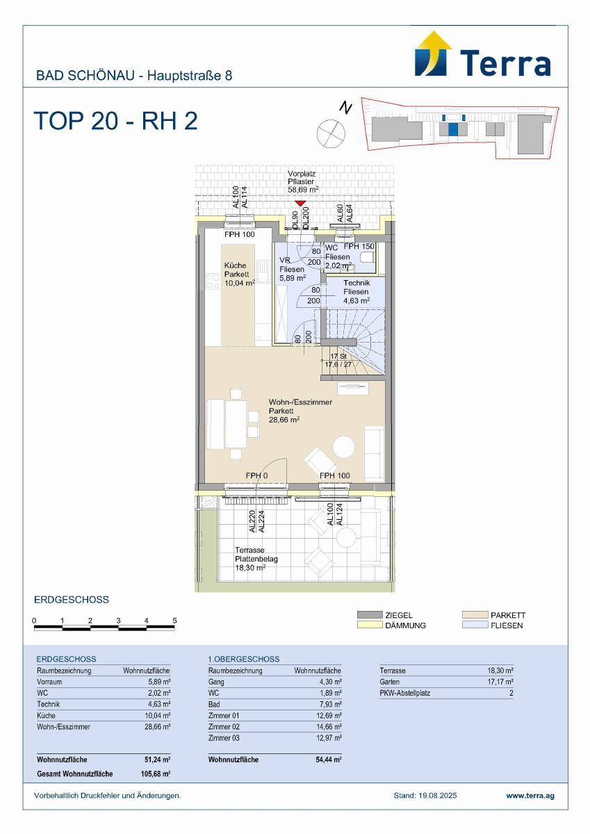 Grundriss des Erdgeschosses mit offenem Wohn-Essbereich, Küche und Terrasse.