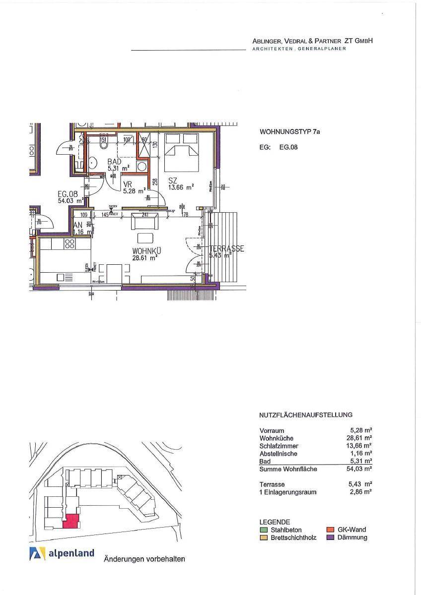 Detaillierter Grundriss einer Wohnung mit Terrasse, Schlafzimmer, Bad und Nutzflächenübersicht.