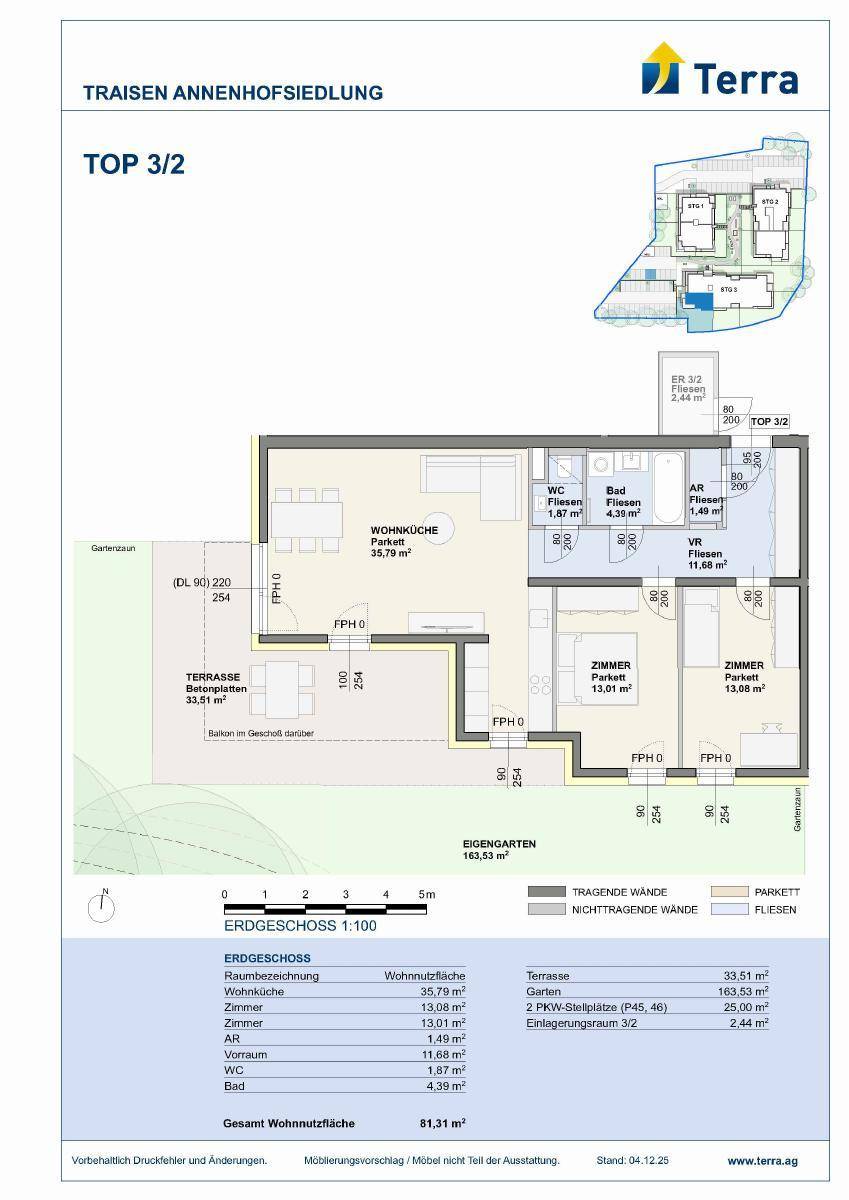 Detaillierter Grundriss der Wohneinheit TOP 3/2 mit Terrasse und Gartenanteil.