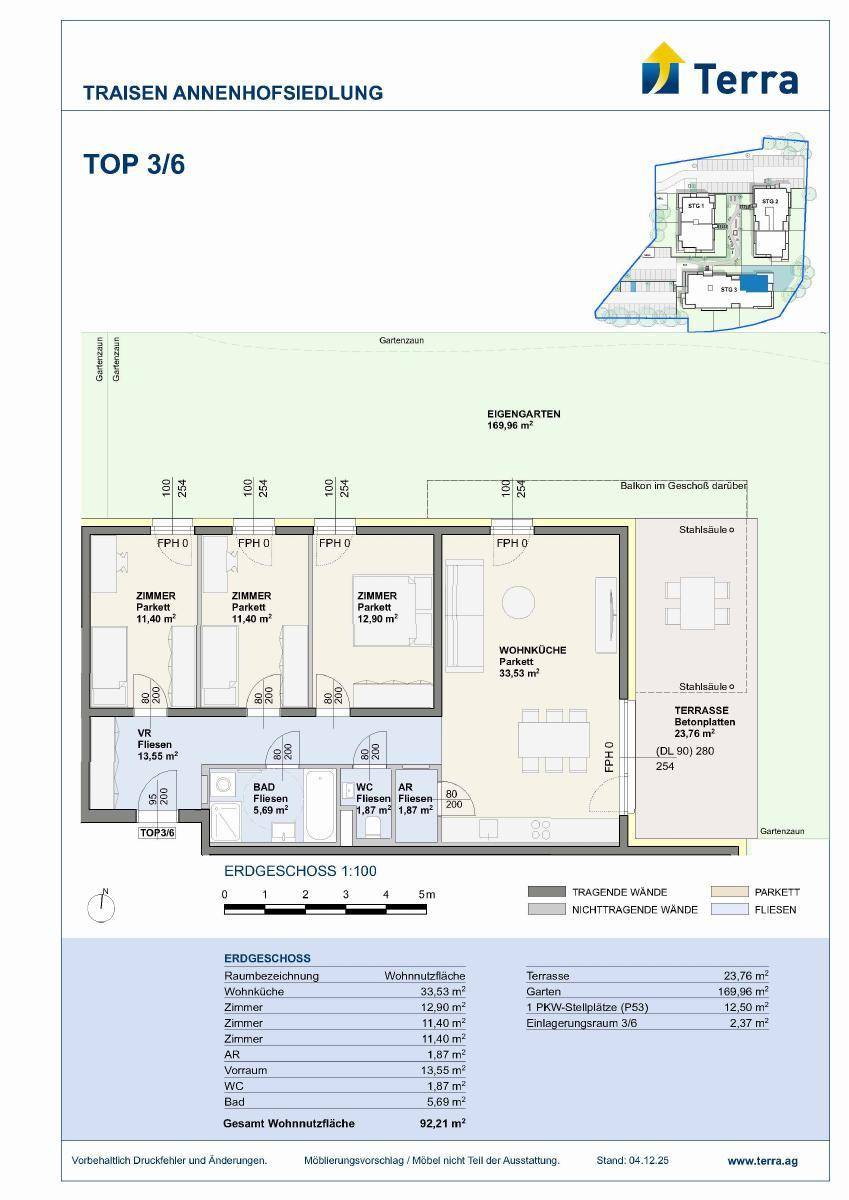 Detaillierter Grundriss der Einheit TOP 3/6 mit offener Wohnküche, Terrasse und Garten.