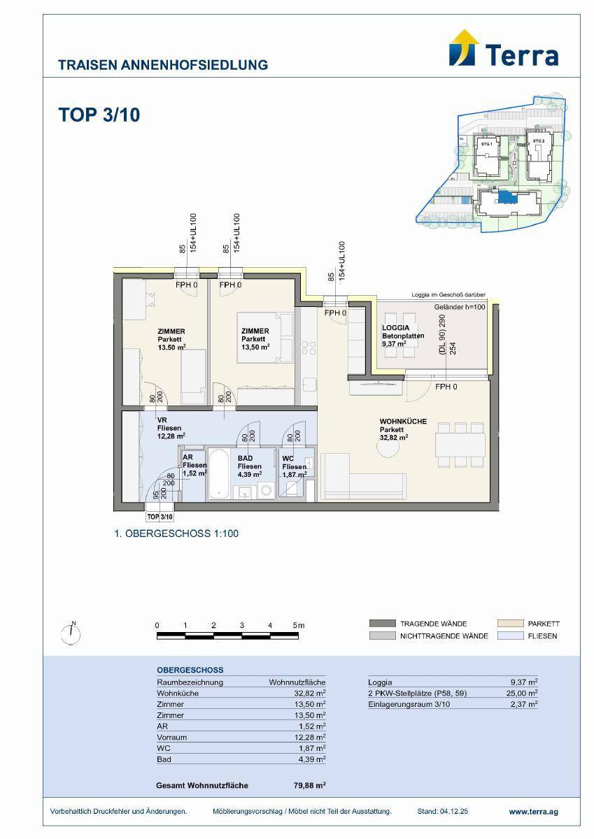 Grundriss der Wohnung TOP 3/10 mit offener Wohnküche, Zimmern, Bad, WC und Loggia.