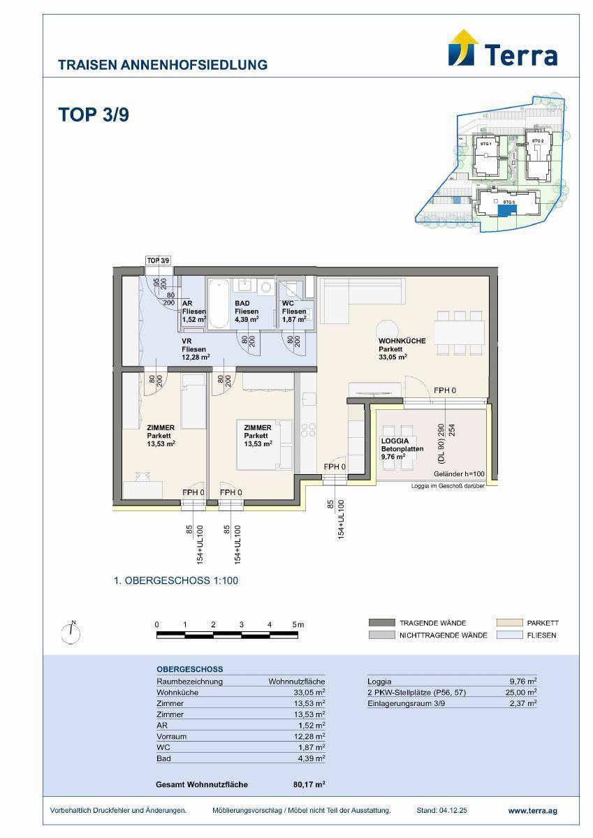 Grundriss einer modernen Wohnung im Obergeschoss mit offener Wohnküche, Loggia und separatem WC.