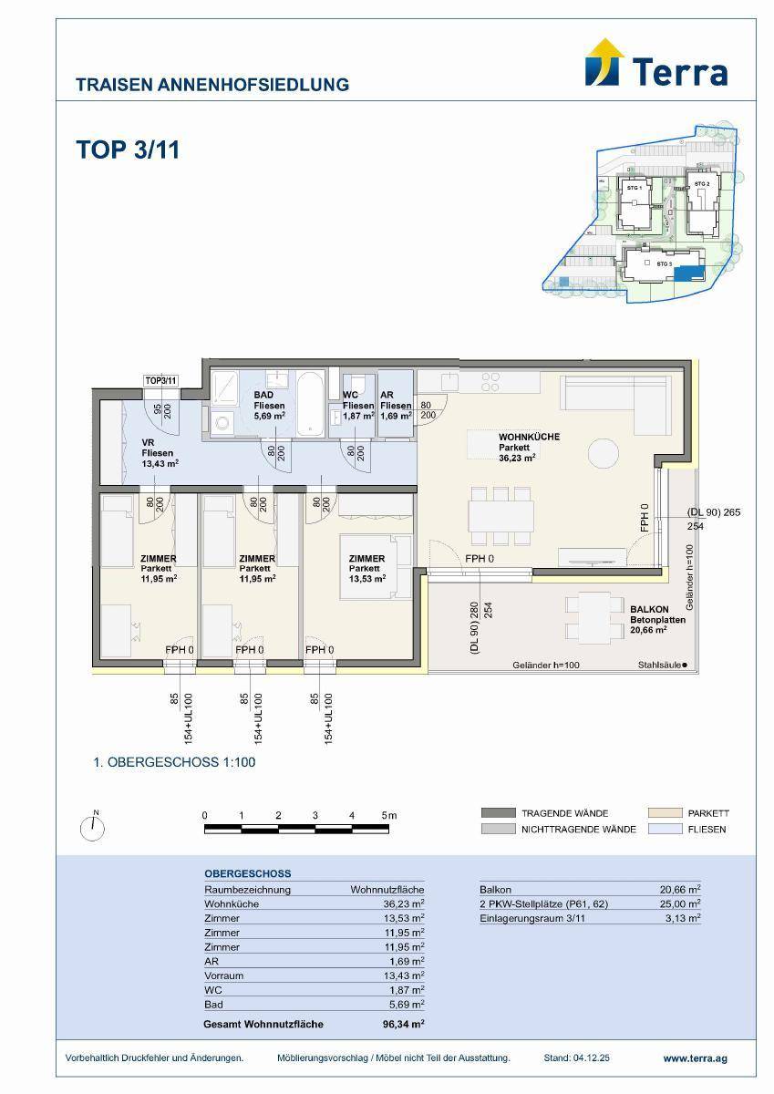Grundriss der Wohnung TOP 3/11 im Obergeschoss mit Balkon, offener Wohnküche und drei Zimmern.
