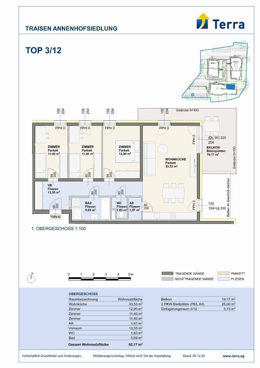 Grundriss der Wohnung TOP 3/12 im Obergeschoss mit Wohnküche und Balkon.