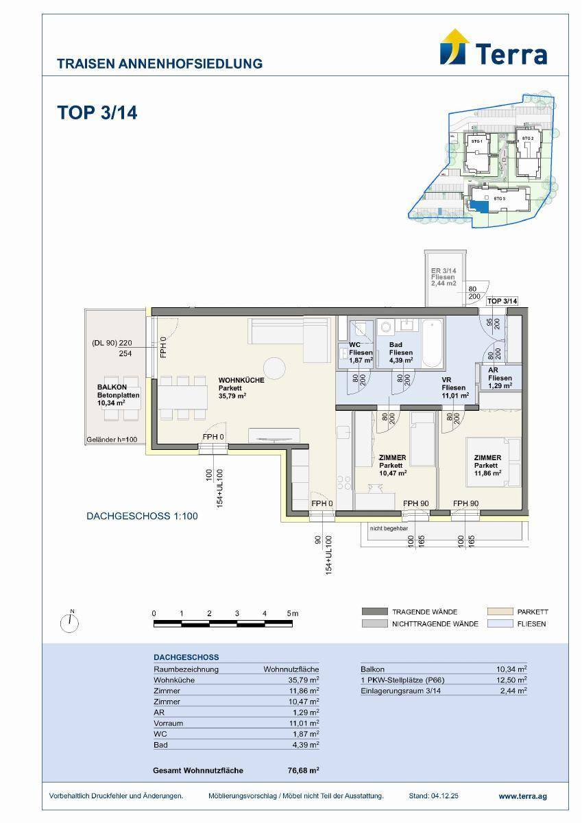 Detaillierter Grundriss einer Dachgeschosswohnung mit Balkon und zwei Zimmern.