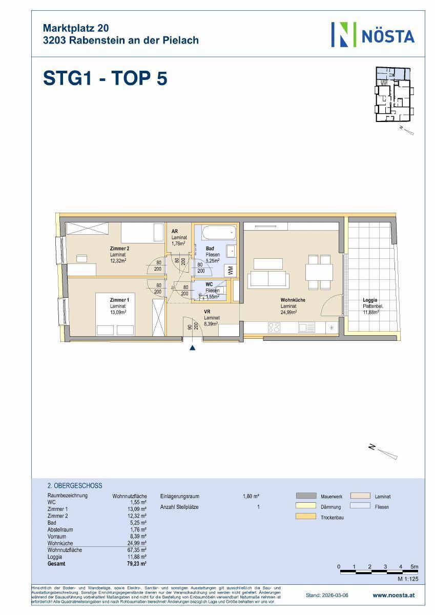 Grundriss einer Wohnung mit zwei Zimmern, offener Wohnküche und Loggia im Obergeschoss.