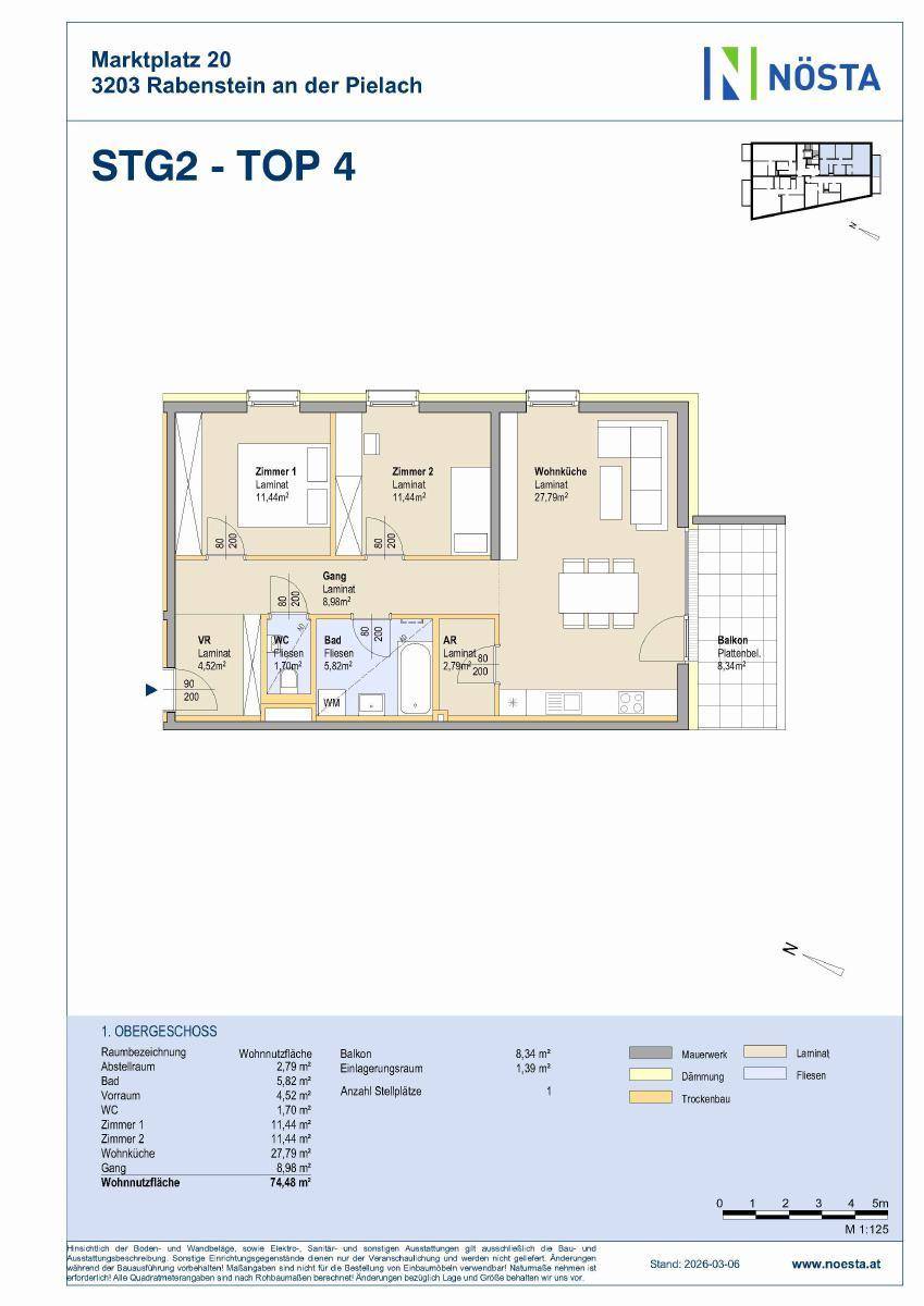 Grundriss einer Wohnung mit offener Wohnküche, zwei Zimmern, Bad, WC und Balkon.