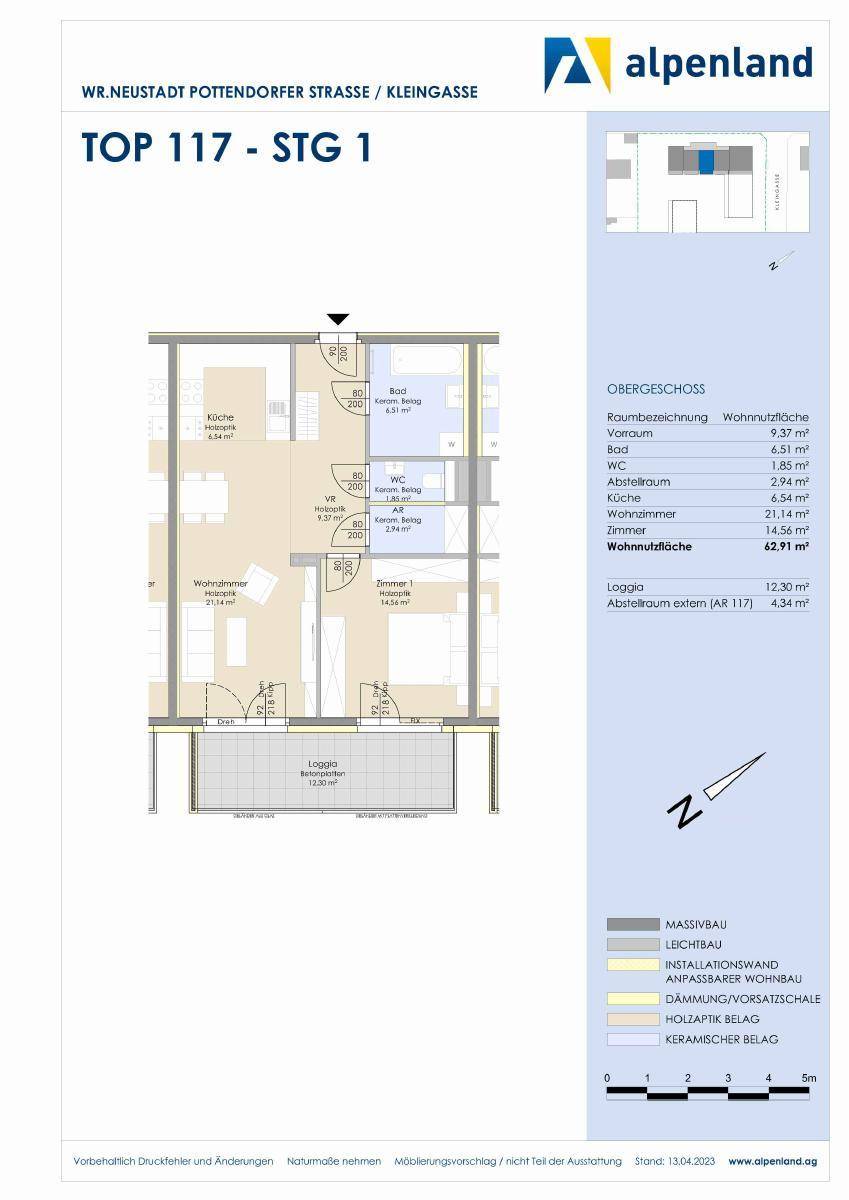 Detaillierter Grundriss der Wohnung TOP 117 mit Loggia, Bad, separatem WC und offener Wohnküche.