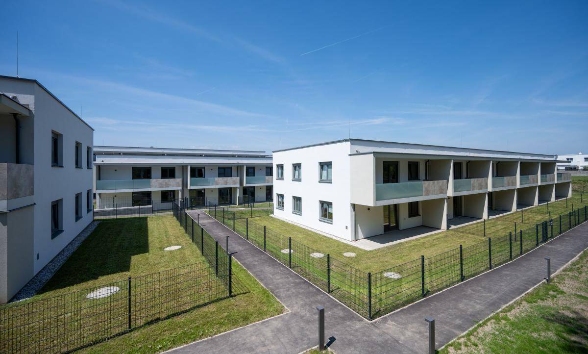 Neue Wohnanlage mit mehreren Gebäuden, gepflegten Rasenflächen und Gehwegen an einem sonnigen Tag.