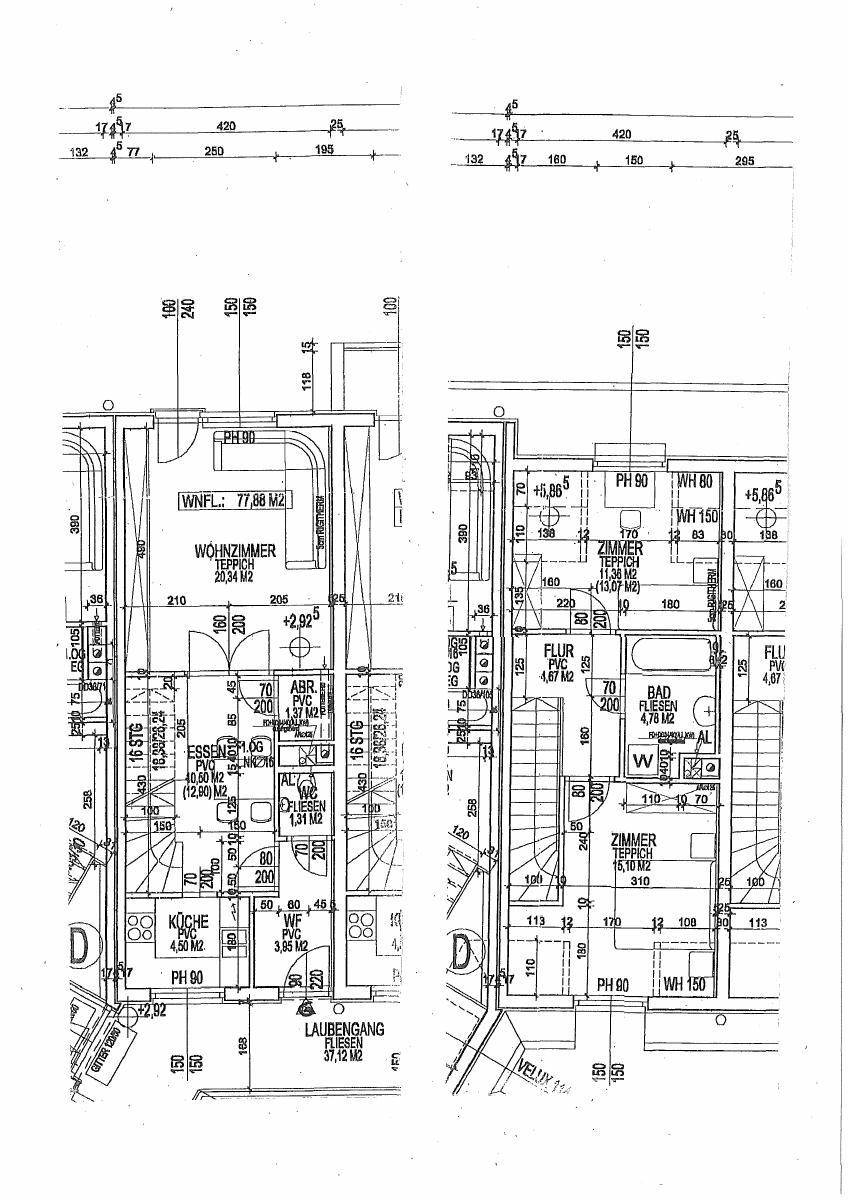 Detaillierte Grundrisse von zwei Wohneinheiten mit Zimmeraufteilung, Bemaßungen und Treppenhaus.