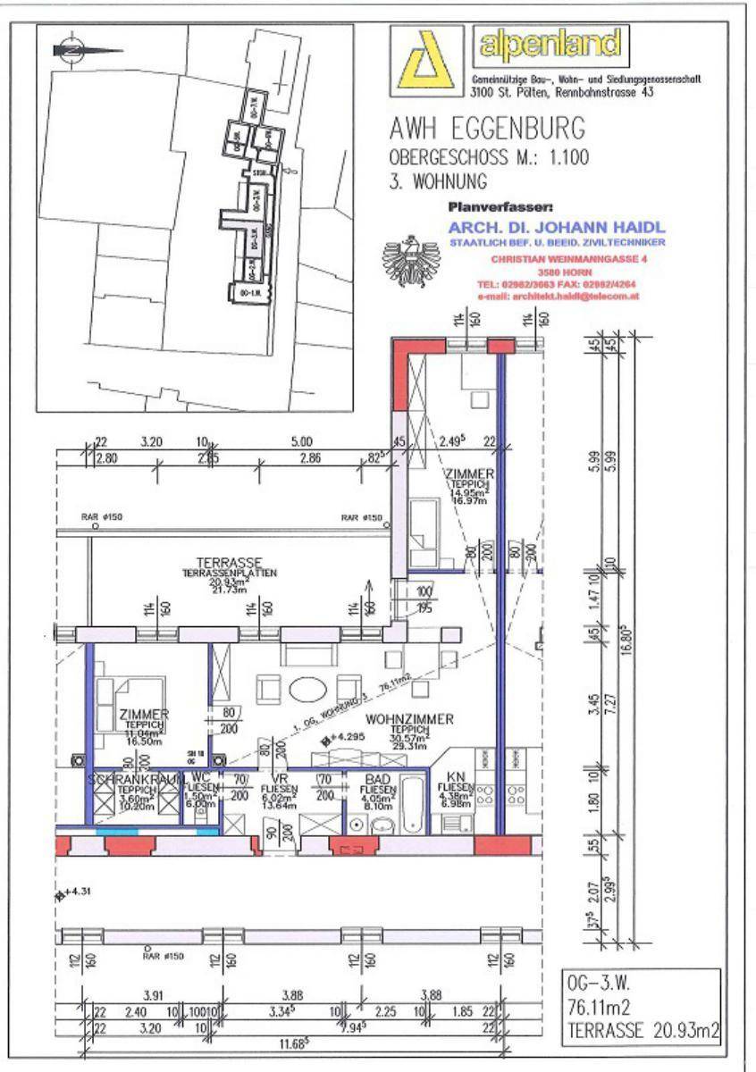Detaillierter Grundriss einer Wohnung mit Zimmern, Bad, WC und großer Terrasse.