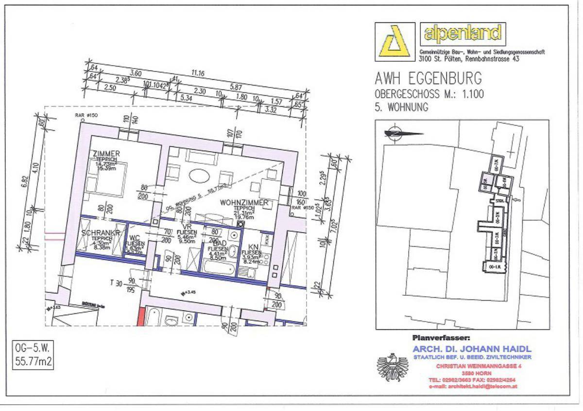 Grundriss der Wohnung im Obergeschoss mit Wohnzimmer, Schlafzimmer und Bad.