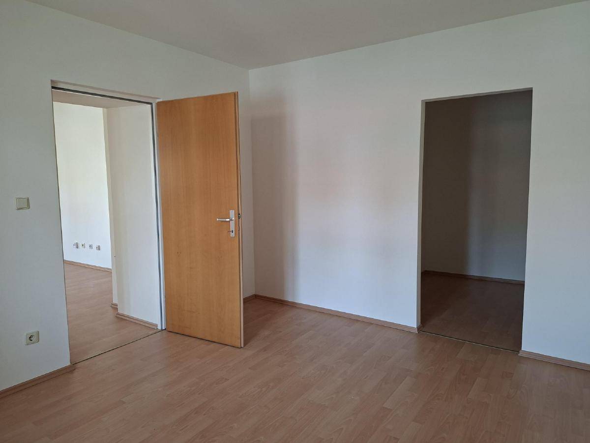Wohnraum mit Laminatboden und Zugang zu weiteren Zimmern durch Holztüren.