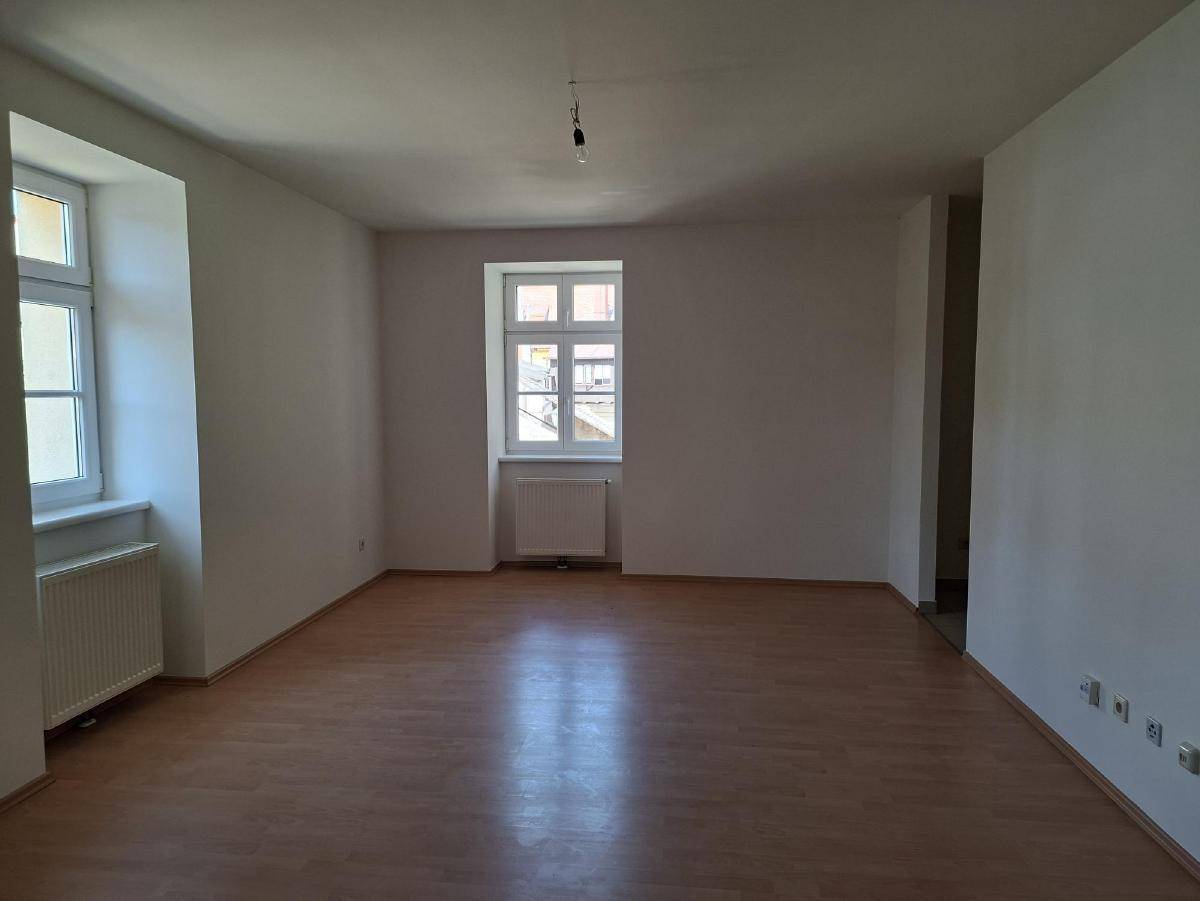 Geräumiger Wohnbereich mit Laminatboden und zwei Fenstern für viel Tageslicht.