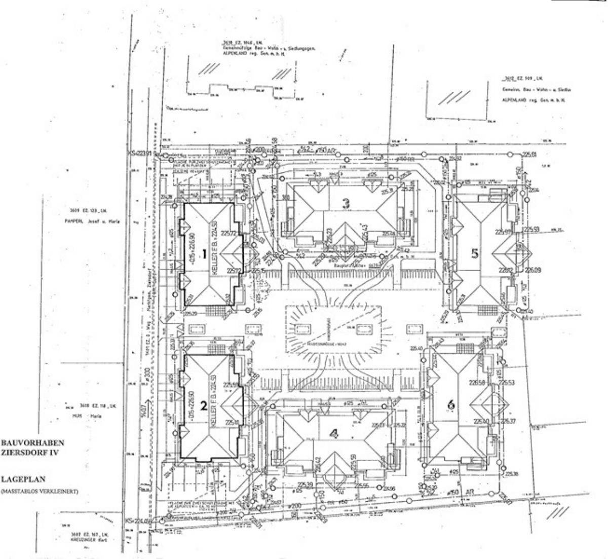 Lageplan des Bauvorhabens Ziersdorf IV mit sechs Gebäuden und zentralem Innenhof.